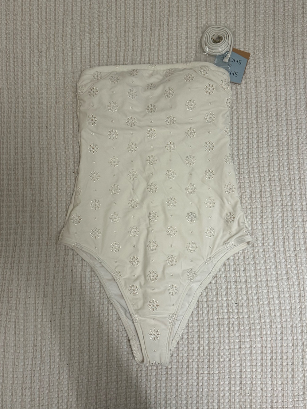 Shade & Shore Off-White Eyelet Bandeau High Leg Cheeky Swimsuit One-piece NWT
